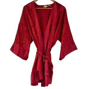Vintage Victorias Secret Gold Label Red Satin Damask Paisley Kimono Robe OSFM